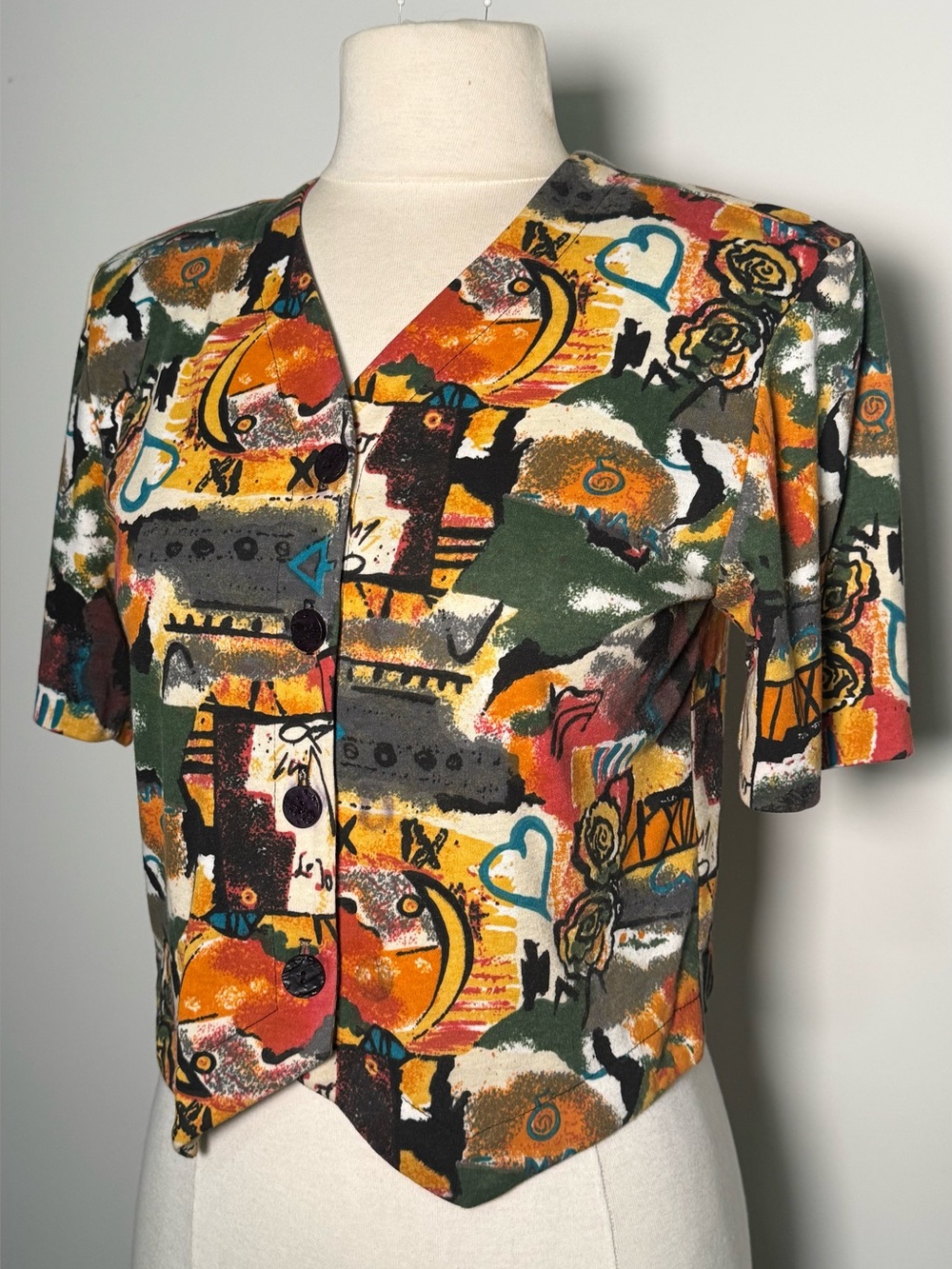Vintage 1990s Abstract Multicolor Button-Front V-Neck Women's Top
